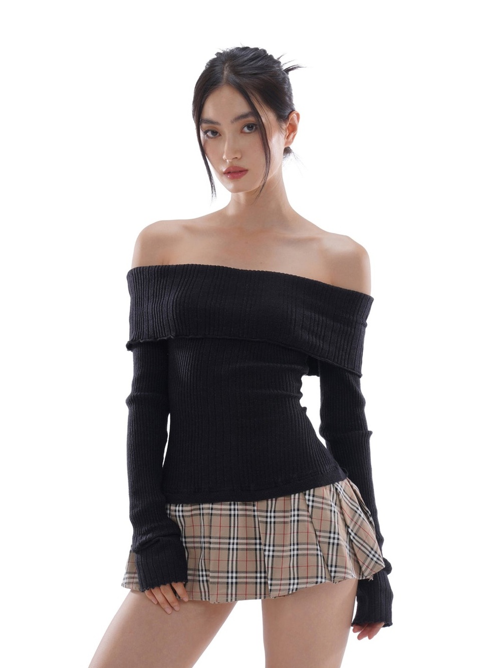 Sweet Chilling OFF-SHOULDER PATCHWORK PLEATED MINI DRESS